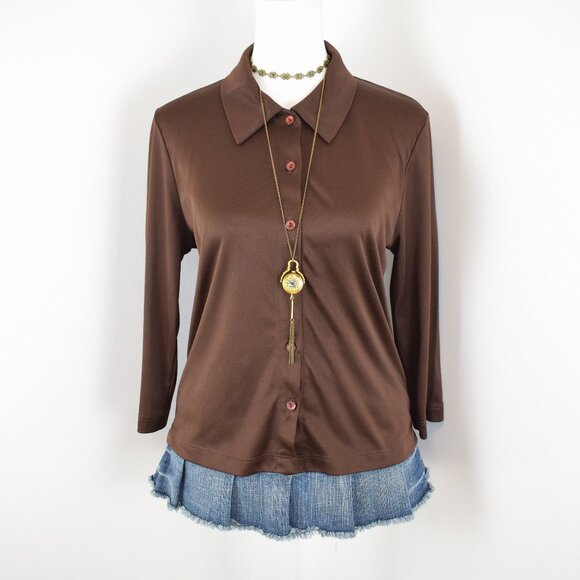 VTG 00s Y2K LA Movers Brown Satin Pointed Collar 3/4 Sleeve Button Up Blouse - Picture 1 of 6